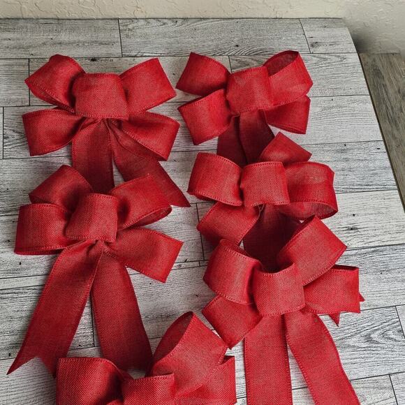 Red Bows Set of 6 Christmas Bows Tree Bows Holiday Ornament Birthday Party Decor - Picture 5 of 9